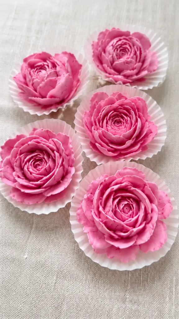 Pink zefir marshmallow flowers arranged in white fluted paper cups on a neutral linen background.