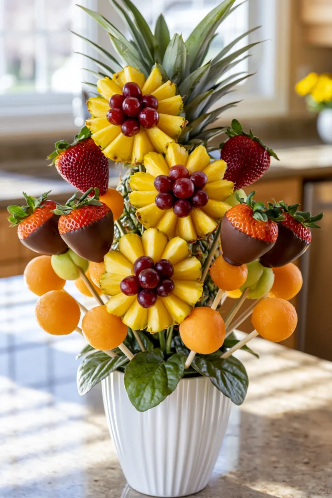 Colorful fruit bouquet in white vase with pineapple crown, chocolate-dipped strawberries, red grapes, and melon balls arranged as flowers by a sunny window