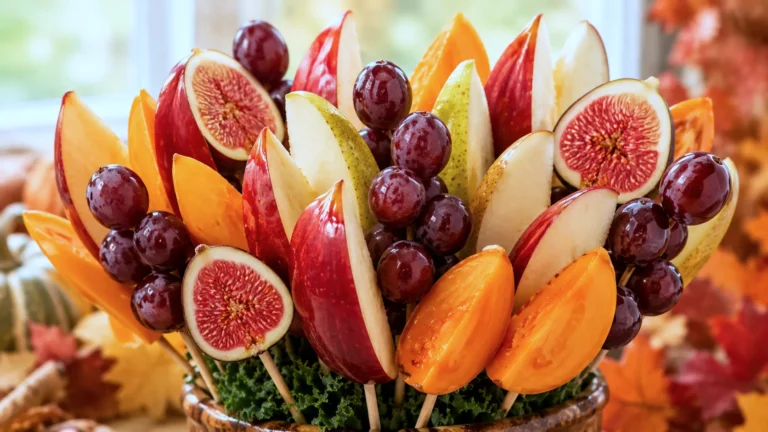 Colorful fruit bouquet with fresh figs, grapes, pear slices, and red tulip-shaped fruit arranged on greenery in a bowl
