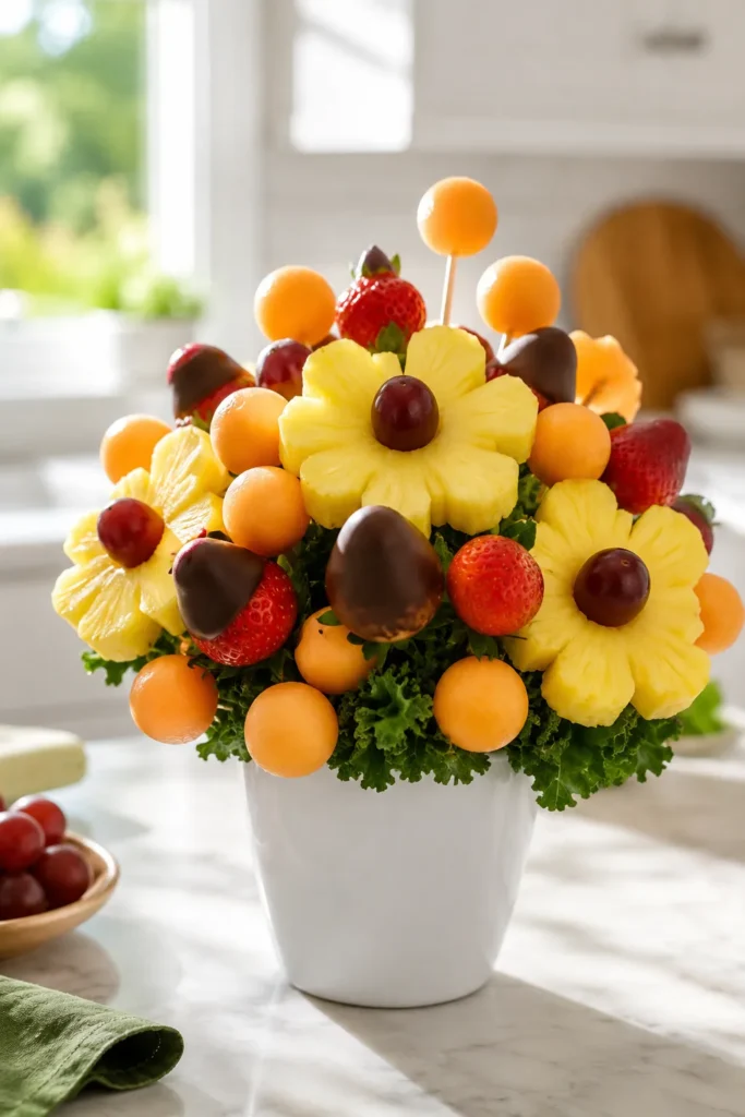 Colorful fruit bouquet in white vase with pineapple flowers, melon balls, berries, and chocolate-dipped fruit on bright kitchen counter