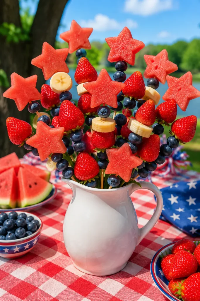 Patriotic fruit bouquet in white pitcher with watermelon stars, strawberries, blueberries, and banana slices on red checkered picnic blanket outdoors