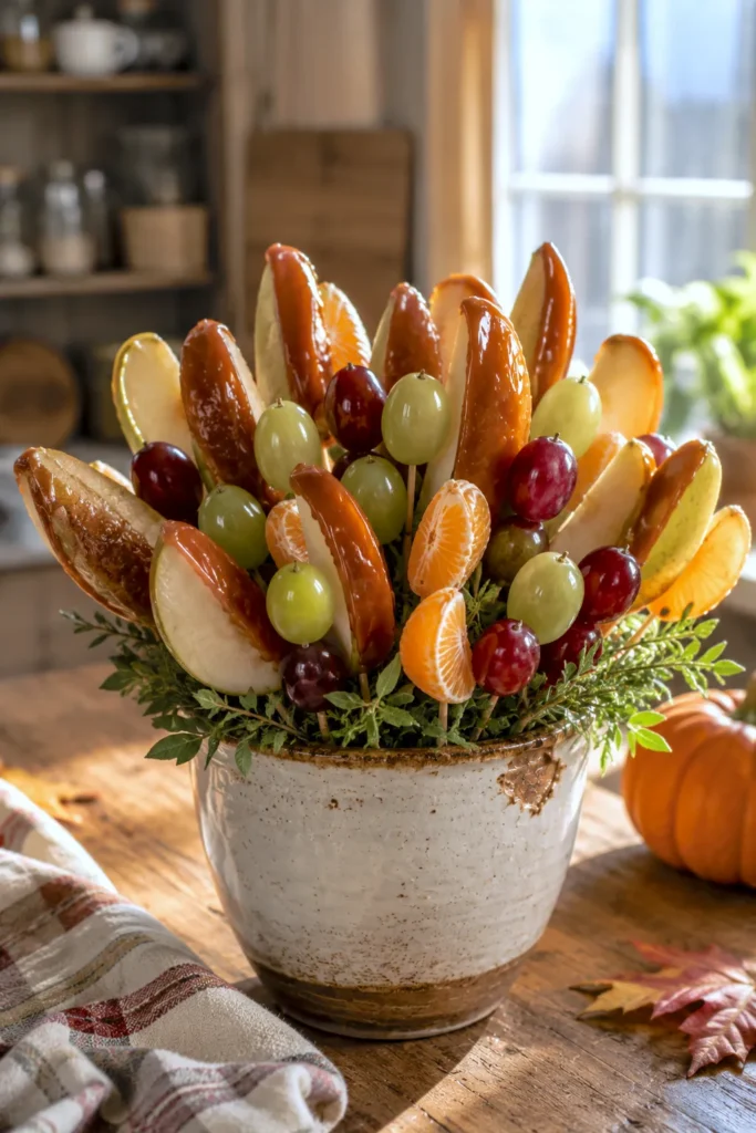 Creative fruit bouquet with apple slices, grapes, and mandarin oranges arranged in a cream-colored ceramic pot on a wooden table with autumn décor