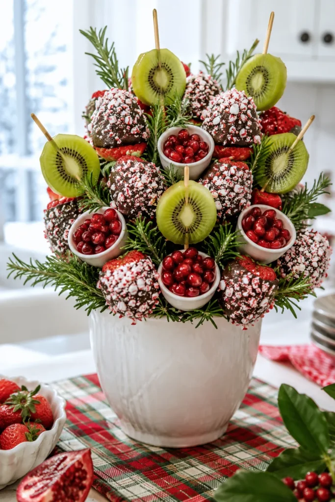 Festive fruit bouquet with chocolate-dipped strawberries, kiwi slices, red currants in small bowls, and rosemary sprigs arranged in a white ceramic vase