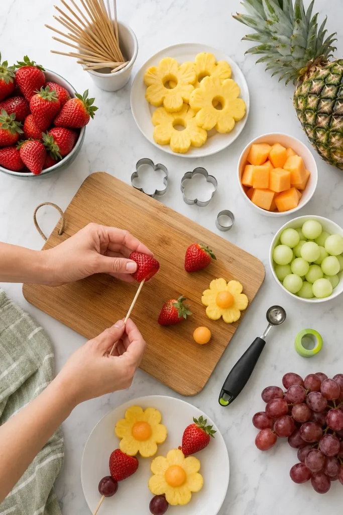 Hands holding strawberry skewers on wooden board surrounded by fresh fruits, cookie cutters, and assembled fruit bouquet pieces on marble countertop