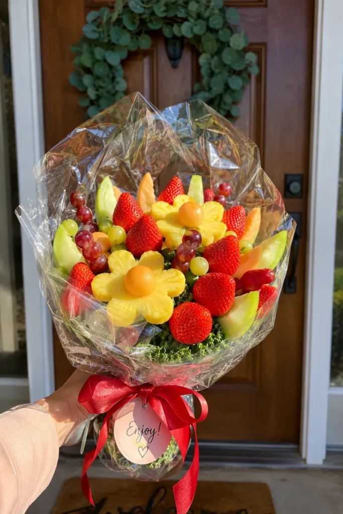 Hand holding a vibrant fruit bouquet with strawberries, grapes, melon, and yellow flowers wrapped in cellophane with a red ribbon, displayed at a brown doorway with a eucalyptus wreath