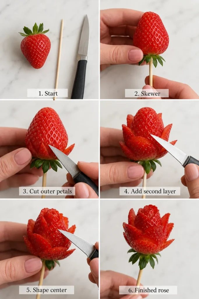 Step-by-step guide to carving a strawberry rose, from fresh berry with knife and skewer to finished bloom with layered petals