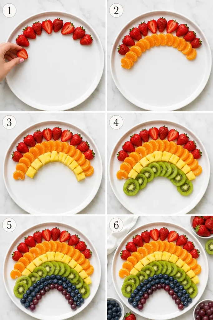 Step-by-step rainbow fruit platter assembly with strawberries, mandarin oranges, pineapple, kiwi, and blueberries arranged in arcs on a white plate