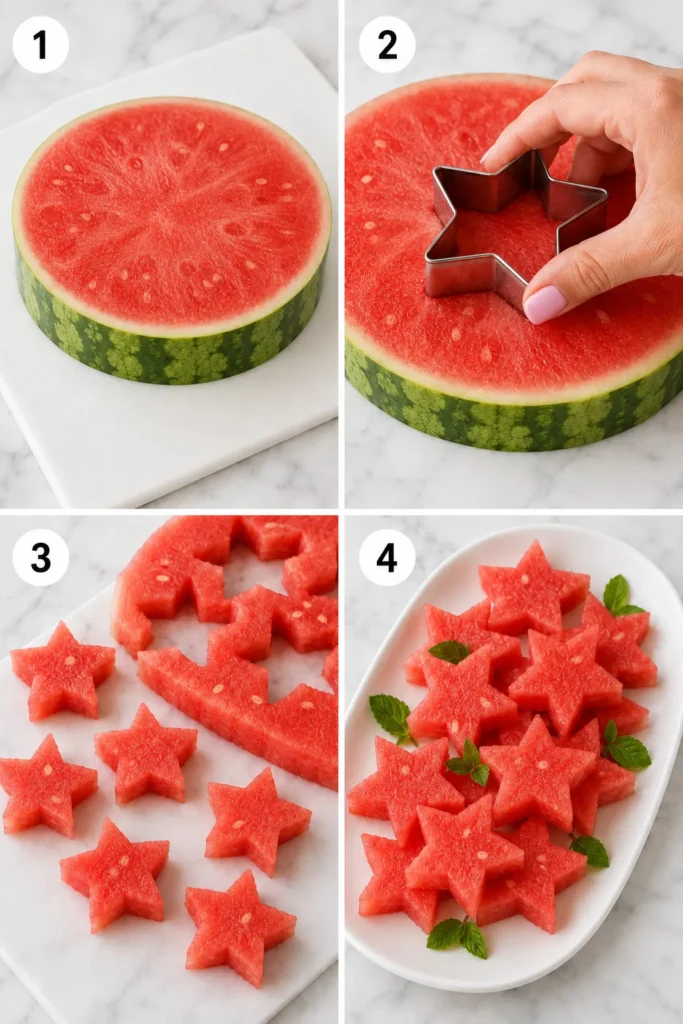 Step-by-step guide showing watermelon being cut into star shapes with a cookie cutter and arranged on a white plate with mint leaves