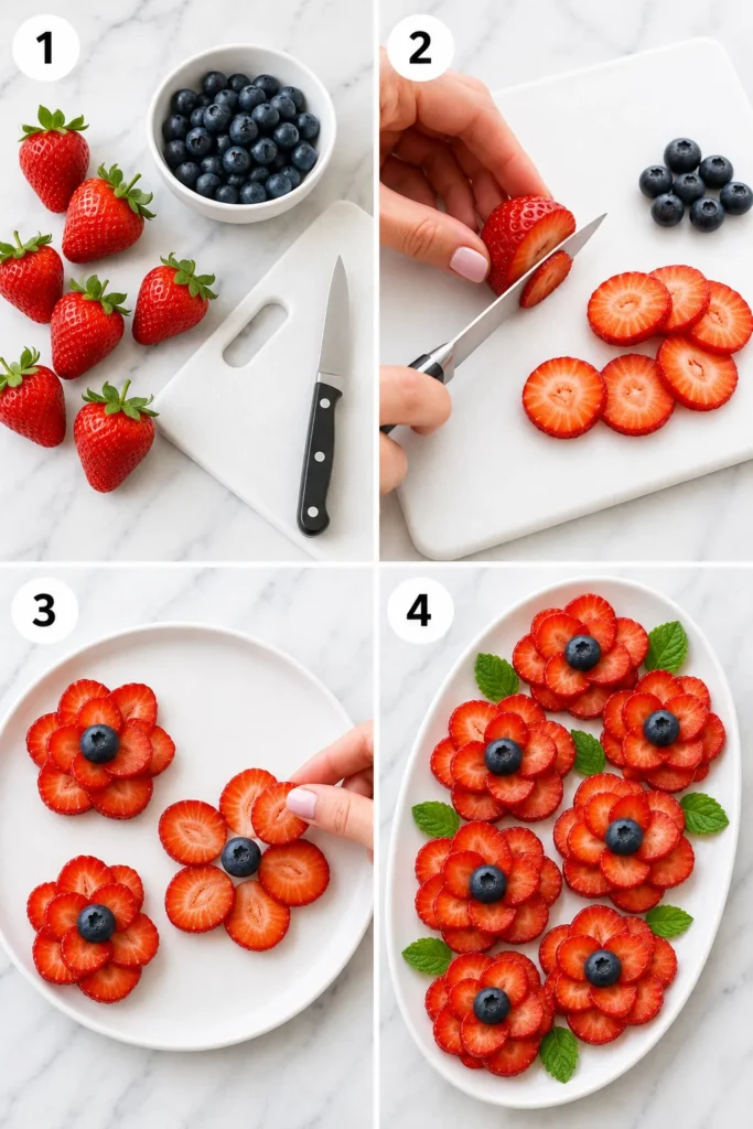 Step-by-step assembly of strawberry and blueberry flower platter on white dishes with marble background