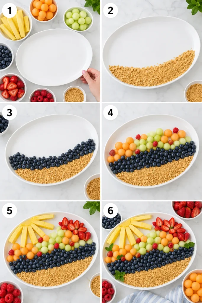 Step-by-step summer fruit platter assembly with graham cracker crust, layered grapes, and arranged melon slices