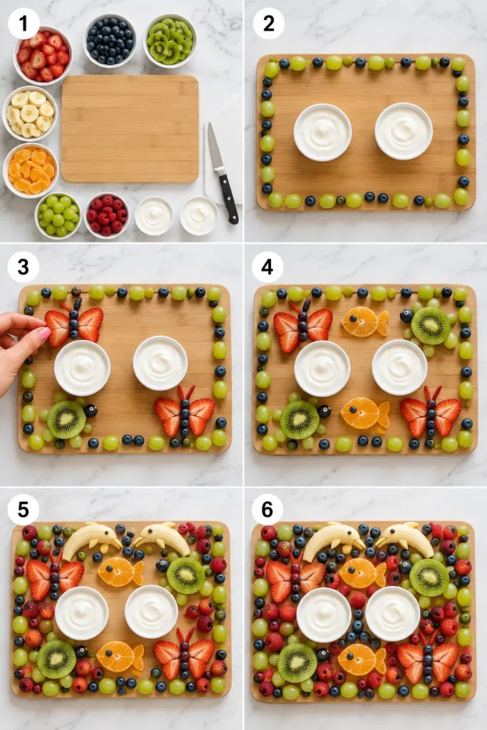 Colorful summer fruit platter with strawberries, kiwi, oranges, grapes, and berries arranged around two bowls of whipped cream on a wooden board