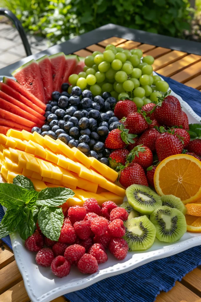 Colorful summer fruit platter with watermelon, green grapes, blueberries, strawberries, raspberries, kiwi, mango, and orange slices arranged on white plate outdoors