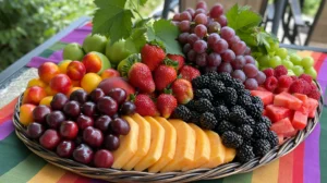 Colorful wicker platter arranged with red and green grapes, fresh strawberries, blackberries, raspberries, sliced peaches, apricots, and watermelon on a rainbow striped cloth