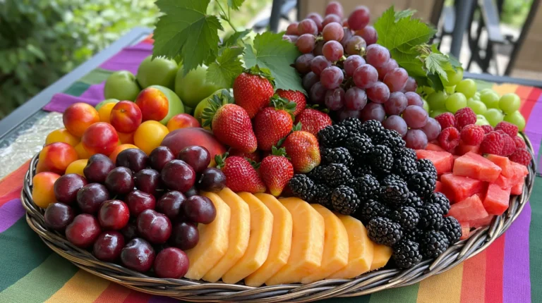 Colorful wicker platter arranged with red and green grapes, fresh strawberries, blackberries, raspberries, sliced peaches, apricots, and watermelon on a rainbow striped cloth
