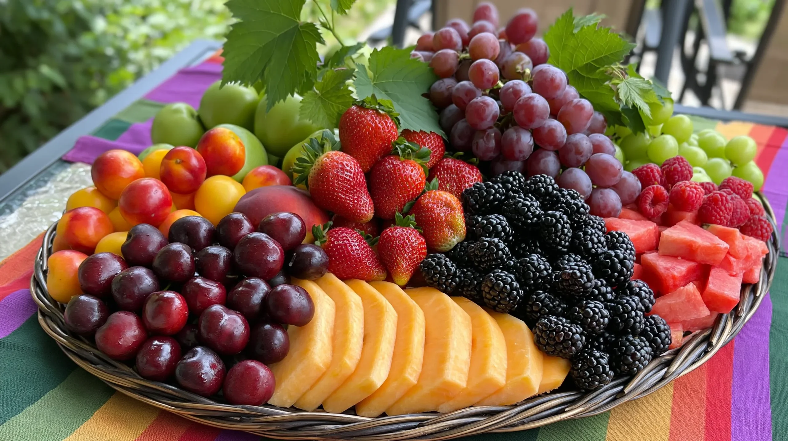 Colorful wicker platter arranged with red and green grapes, fresh strawberries, blackberries, raspberries, sliced peaches, apricots, and watermelon on a rainbow striped cloth