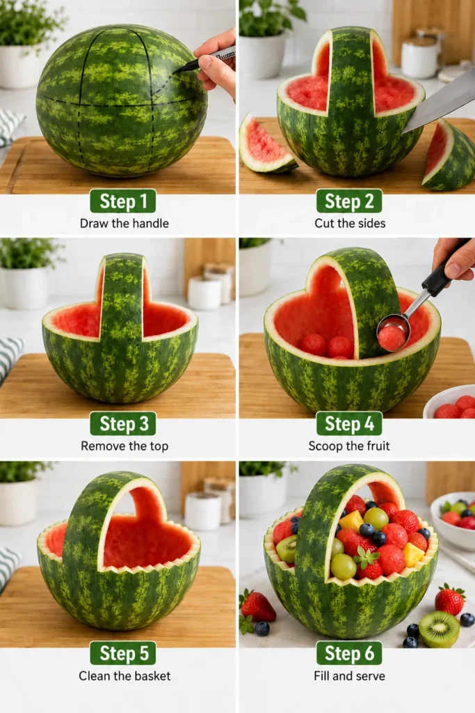 Step-by-step guide showing how to carve a watermelon into a basket, from drawing the handle to filling it with fresh fruit