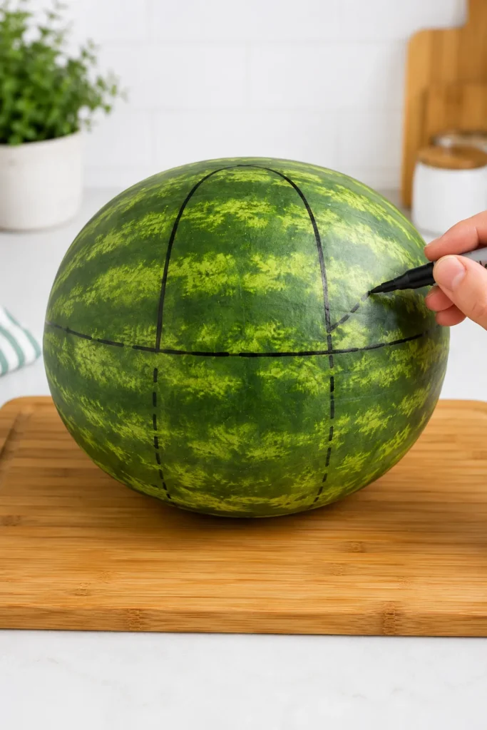 Hand drawing cutting lines on a round watermelon with a black marker on a wooden cutting board