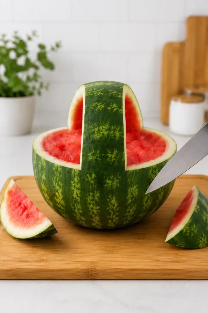 Watermelon carved into a basket shape on wooden cutting board with knife and sliced wedges alongside, white kitchen background with potted herbs and wooden utensils