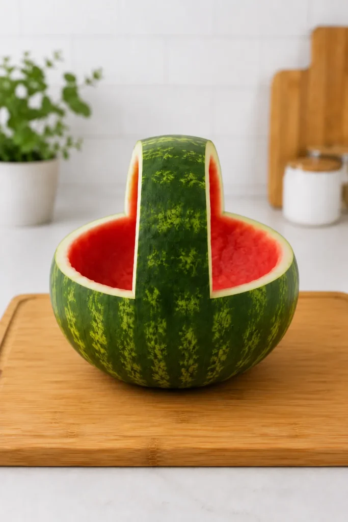 Hollowed watermelon with handle carved from the rind, displaying bright red flesh inside, sitting on bamboo cutting board in bright kitchen
