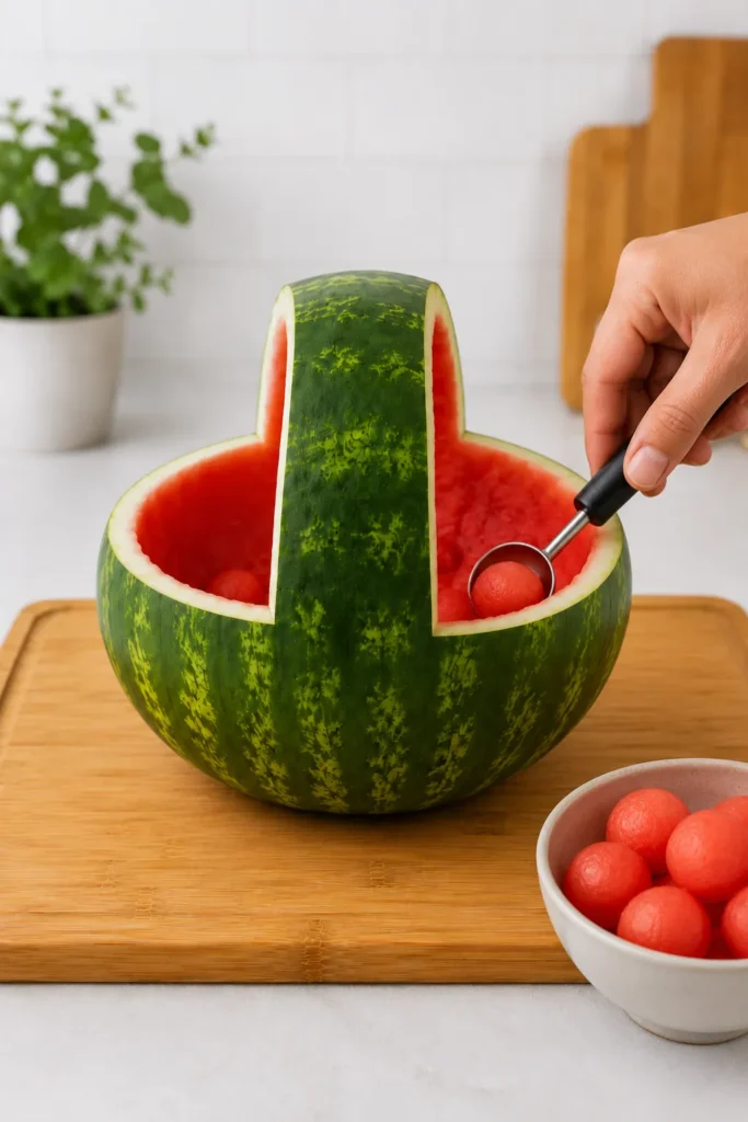 Hand using melon baller to scoop red watermelon flesh from hollowed green watermelon on wooden cutting board