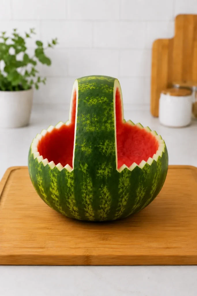 Carved watermelon with decorative handle forming a basket, displaying red flesh and green rind on wooden cutting board in bright kitchen