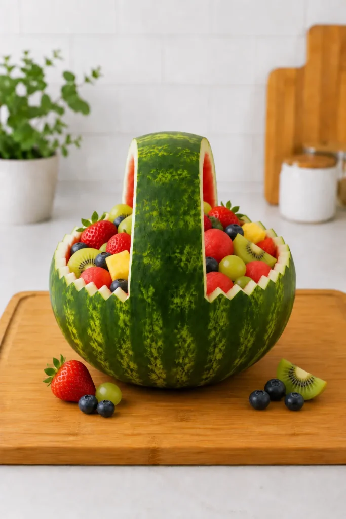 Hollowed watermelon basket carved with handle filled with colorful fresh fruit including strawberries, kiwi, blueberries, and melon balls on wooden cutting board