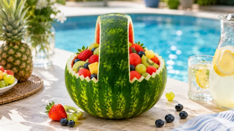Hollowed watermelon carved into a basket and filled with fresh strawberries, kiwi, mango, and blueberries at a poolside table
