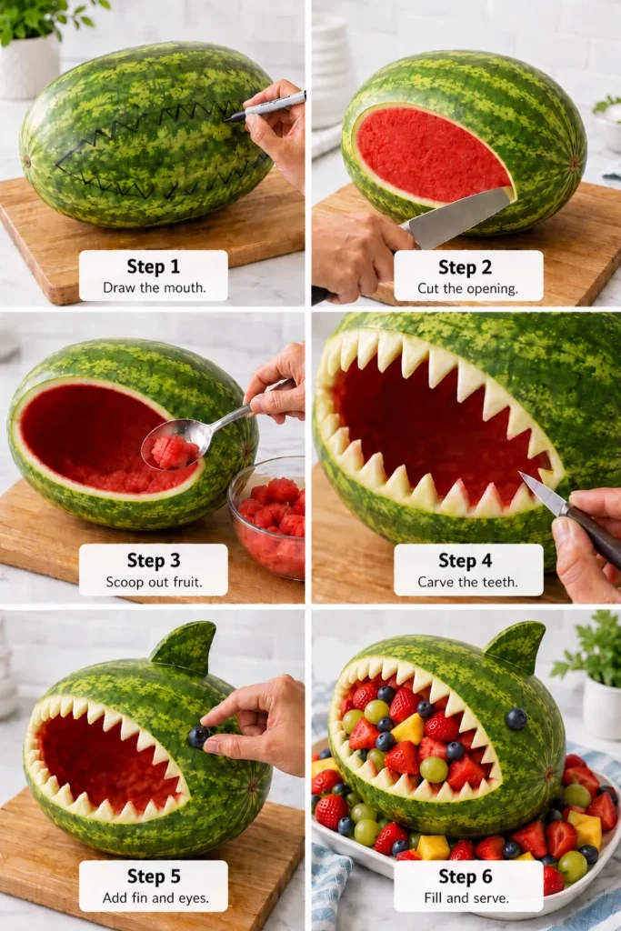 Six-step instructional grid showing how to carve a watermelon shark fruit bowl, from drawing the mouth to filling it with colorful berries and melon balls