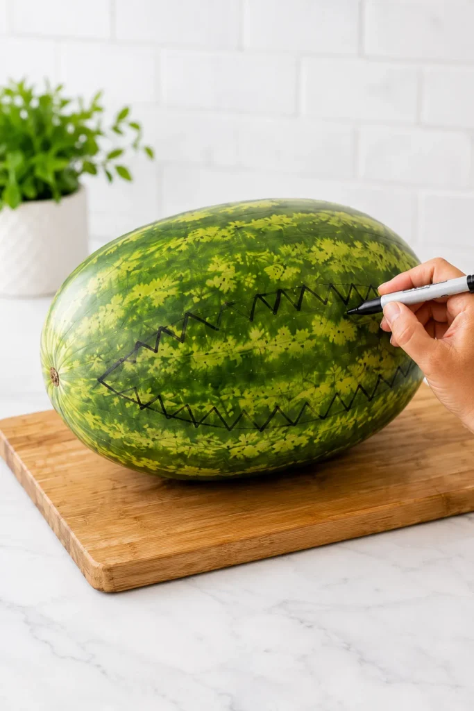 Hand drawing stitches on a green watermelon with white marker to create a watermelon shark design