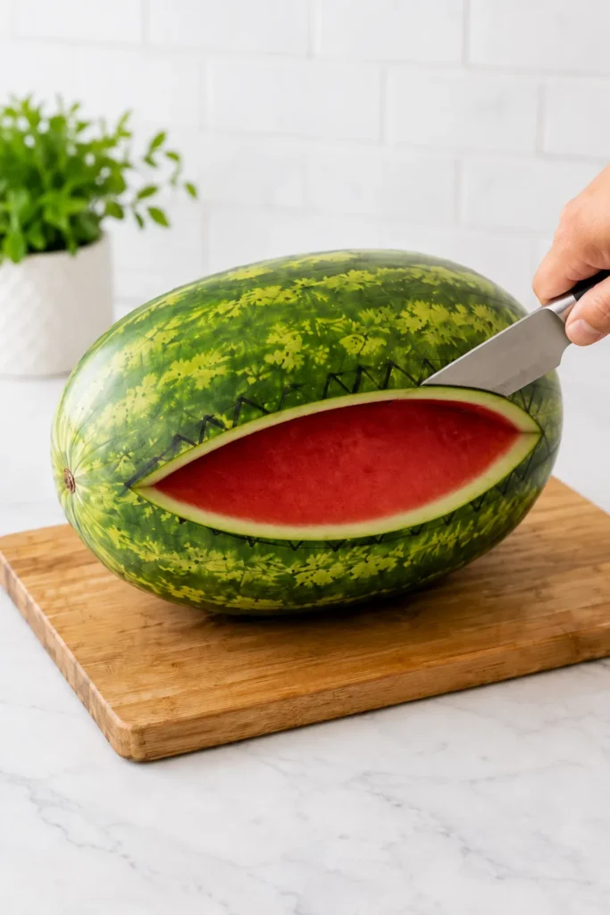 Hand cutting open a whole watermelon on wooden cutting board to create a watermelon shark fruit bowl