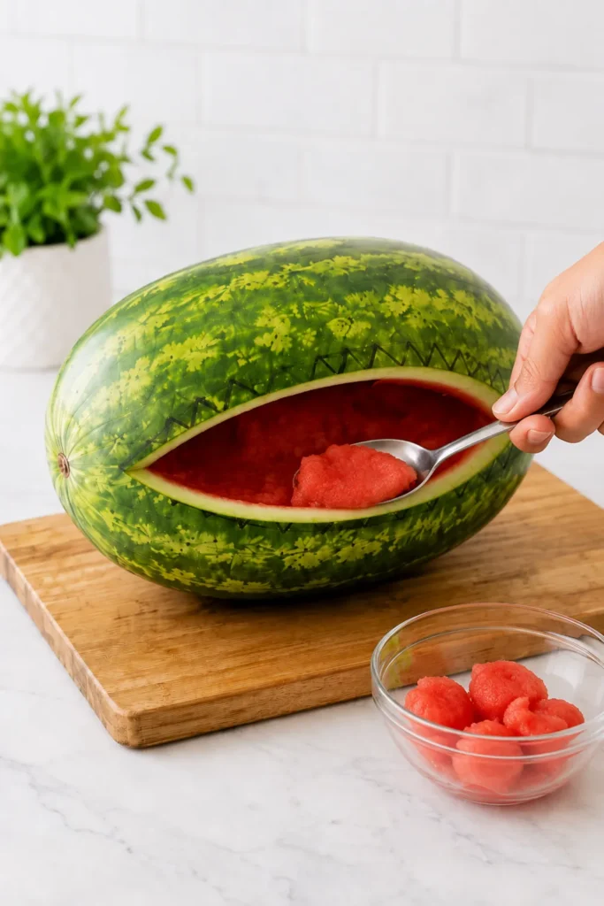 Hand scooping red watermelon flesh from a hollowed watermelon shark with bright green striped skin, served on a wooden board beside a bowl of melon balls