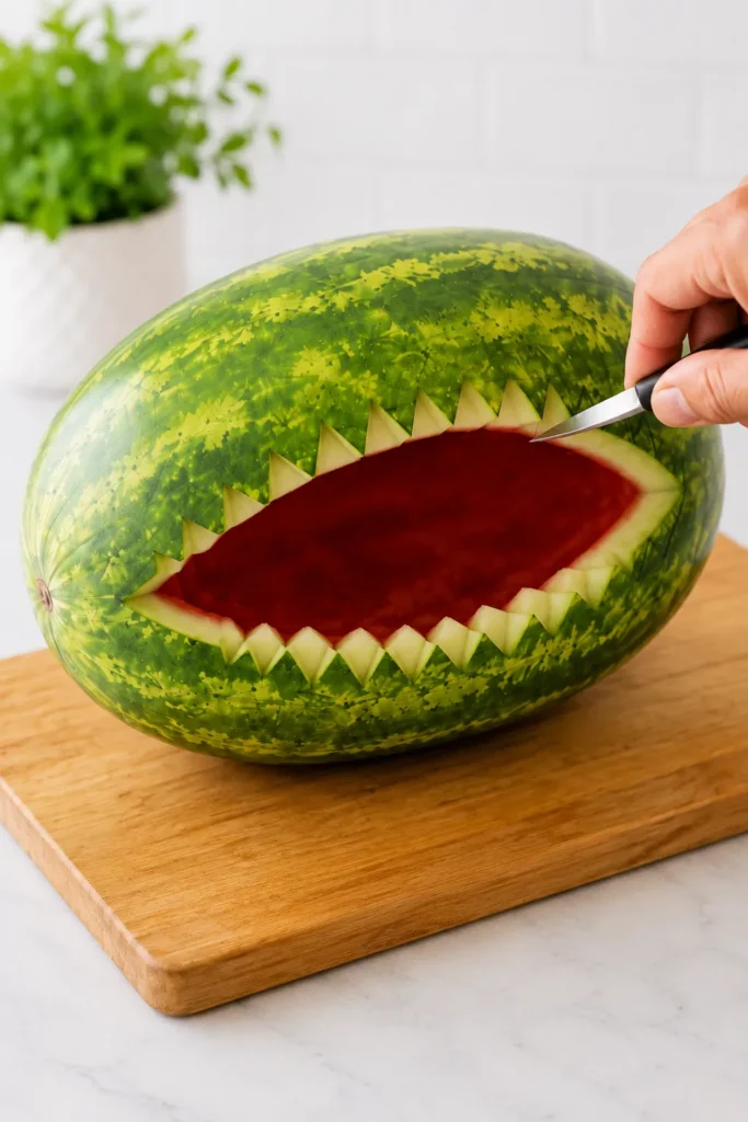 Hand carving a watermelon shark with a knife, creating jagged teeth and an open mouth filled with red flesh on a wooden cutting board