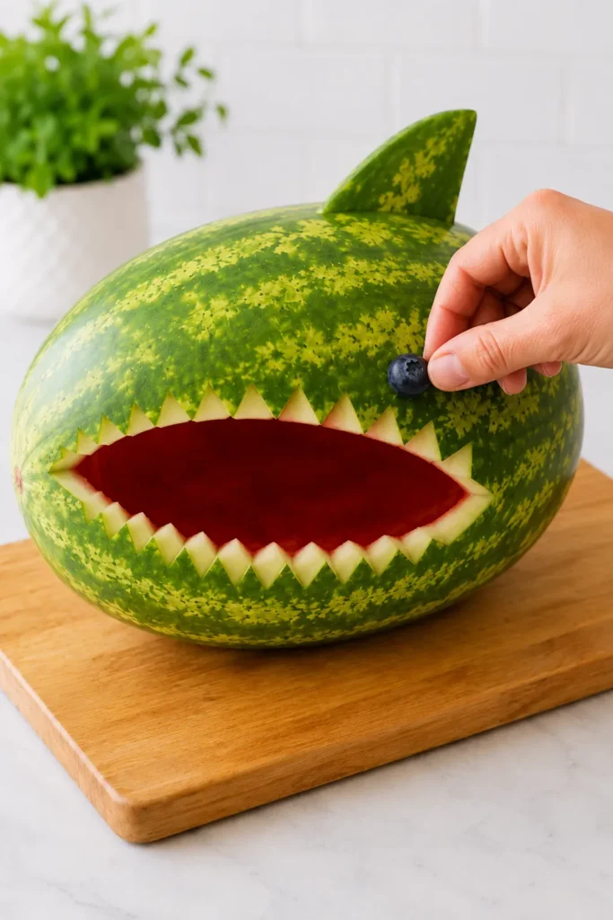 Hand placing a blueberry into the mouth of a carved watermelon shark with jagged teeth and a deep red interior on a wooden board