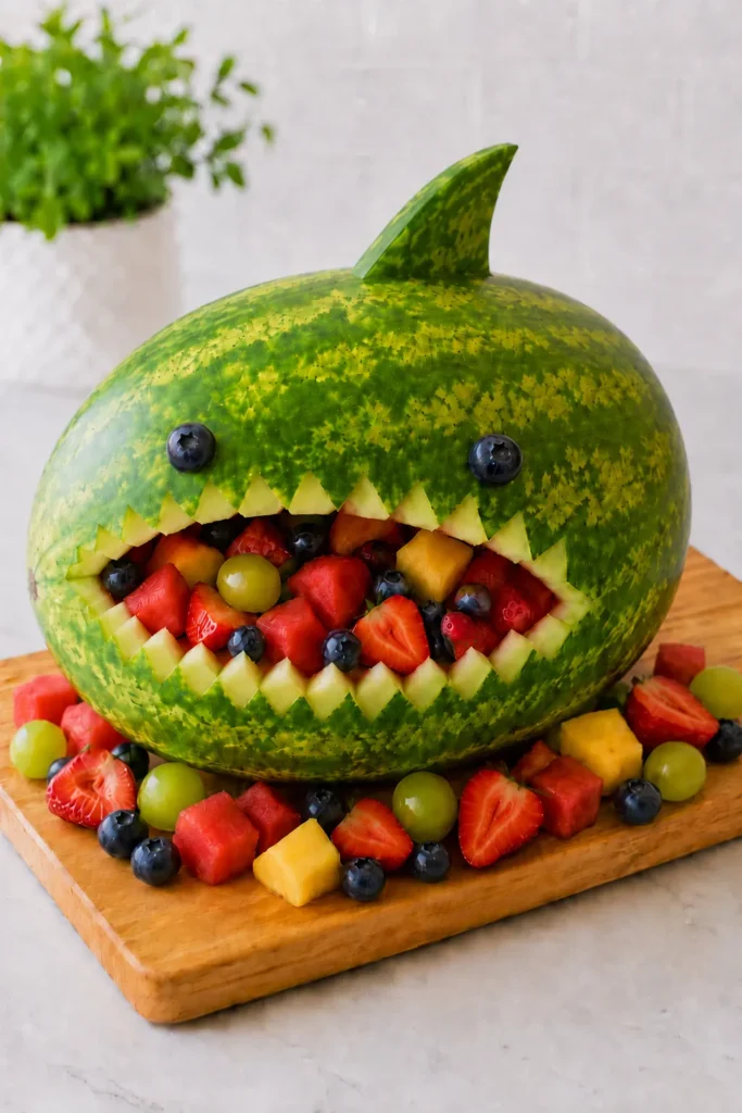 Watermelon shark fruit bowl with blueberry eyes and teeth made of melon chunks, filled with strawberries, blueberries, and yellow melon pieces on a wooden board