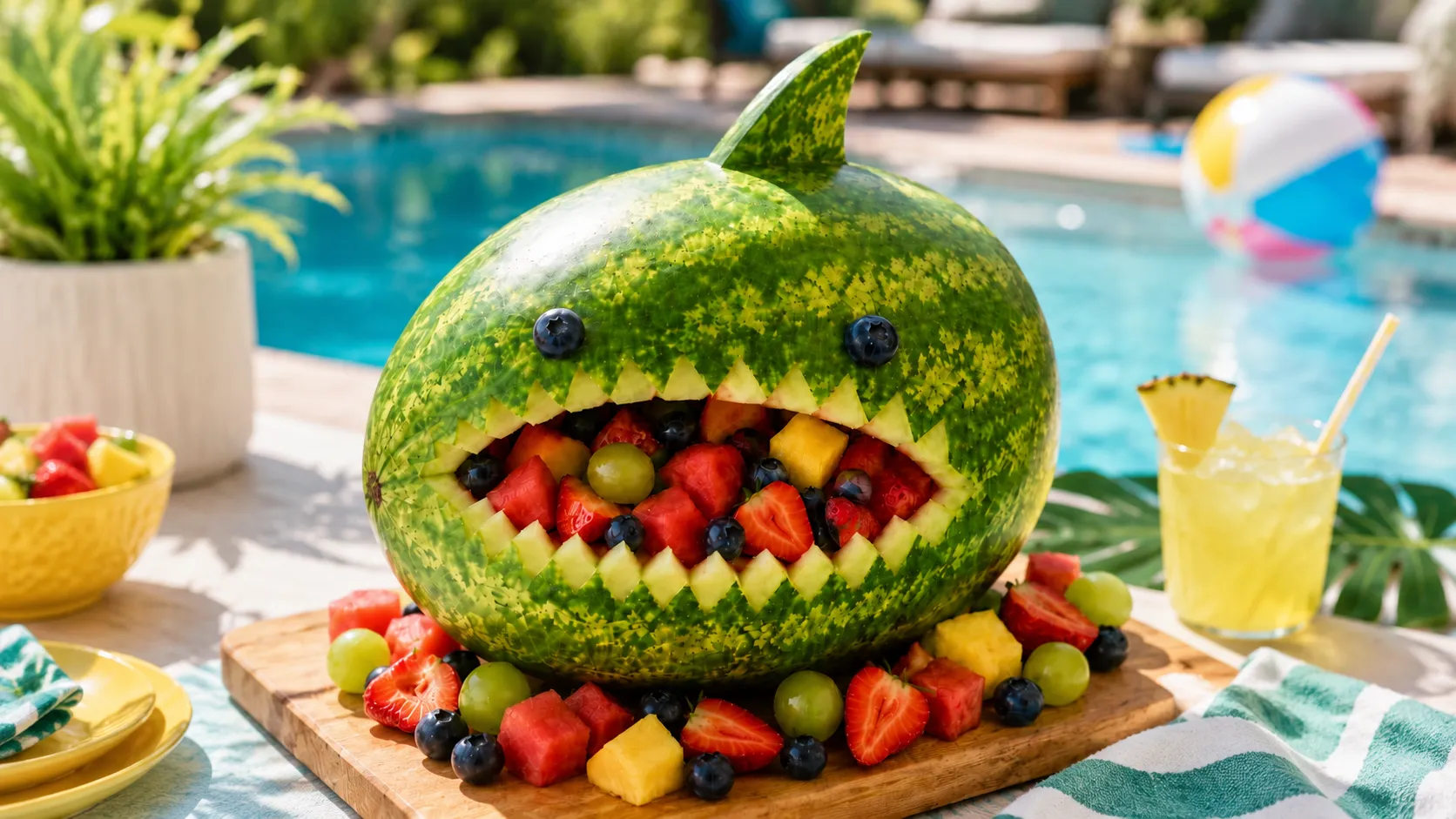 Carved watermelon shark with blueberry eyes and colorful fruit teeth, surrounded by strawberries and melon chunks on a wooden board by a swimming pool